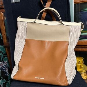 Cole Haan Grand Ambition Convertible Leather Backpack in Tan Beige & White